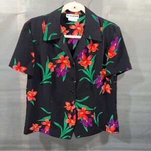 VNTG Joan Leslie Floral Blouse Top Womens Size 10 Black Short Sleeve Button Up
